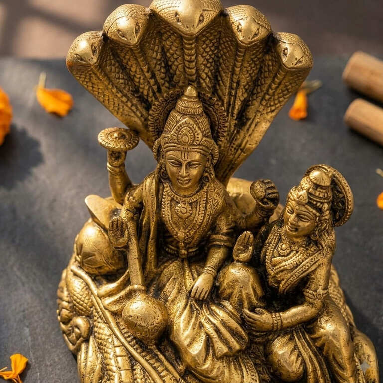 Laxmi Narayan Brass Murti – Vishnu Lakshmi on Sheshnag | 100% Pure Brass | Handmade & Energised — Statues