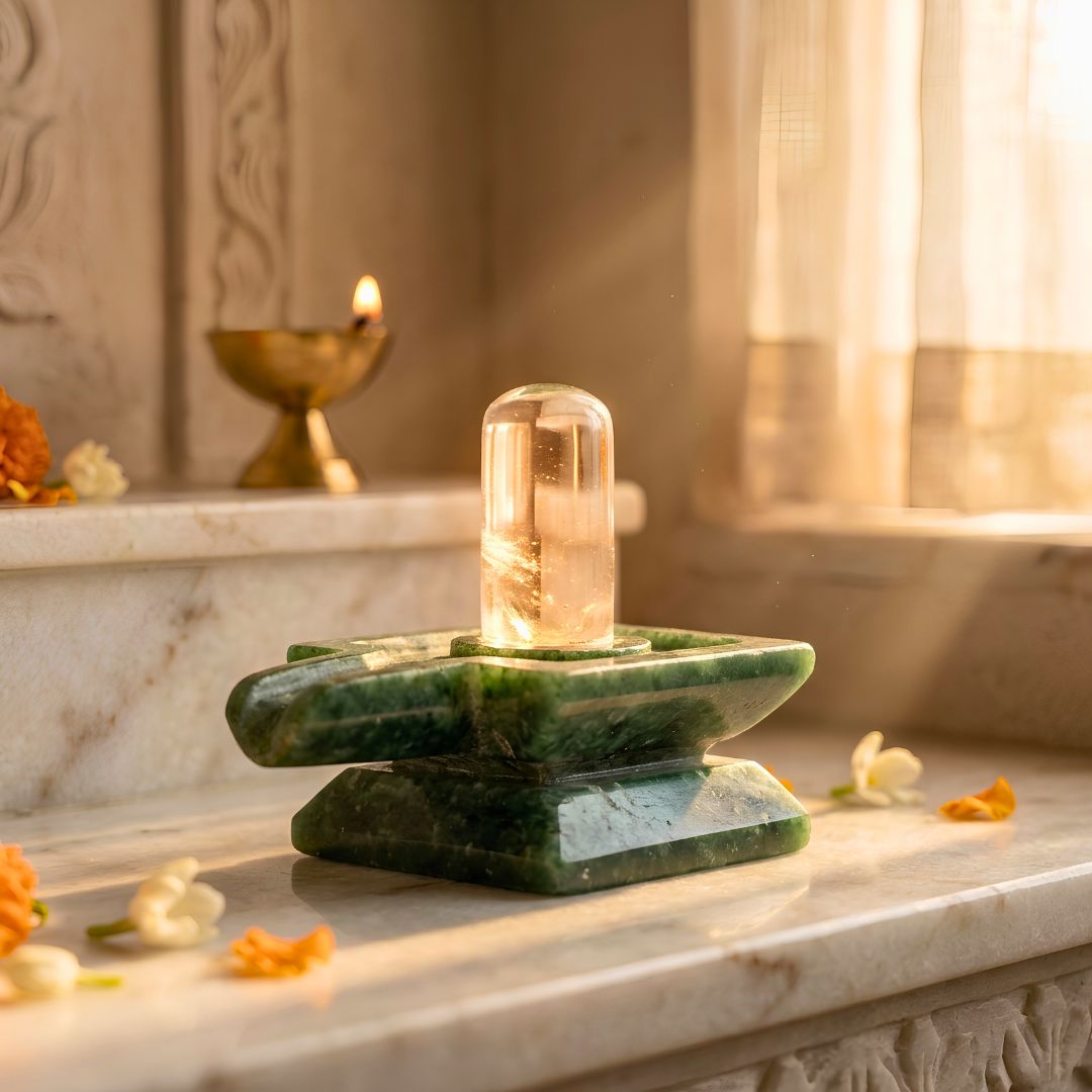 Sphatik Shivling on Green Jade Base – Pooja & Vastu Crystal