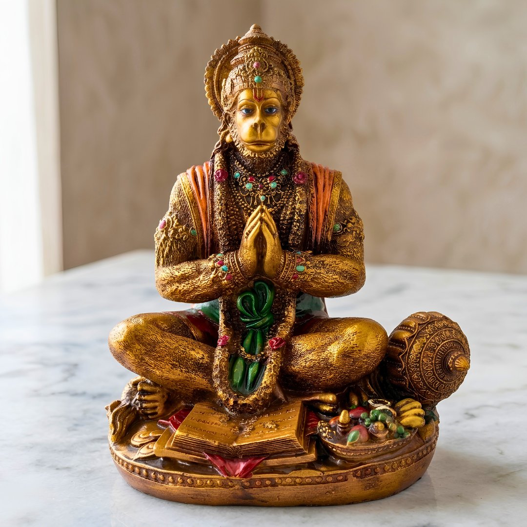 Handcrafted Hanuman Ji in Namaskar Mudra with Sacred Ramayana