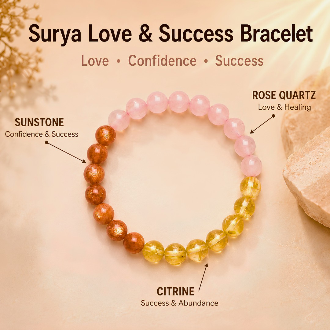 Surya Love & Success Bracelet – Sunstone, Rose Quartz & Citrine for Relationships & Confidence — Crystals & Bracelets