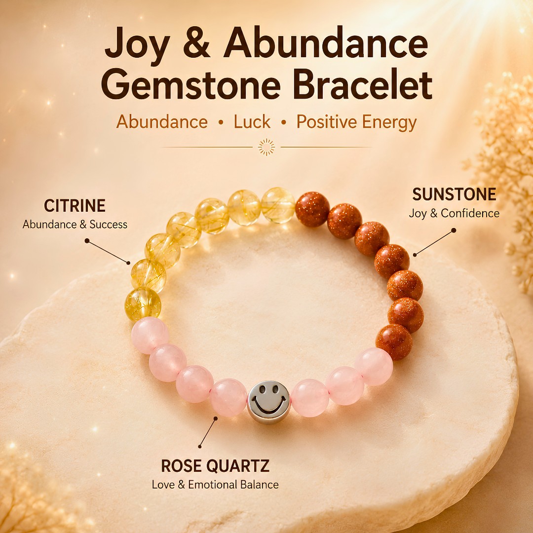 Joy & Abundance Gemstone Bracelet | Real Citrine, Sunstone & Rose Quartz Bead Stretch Bracelet — Crystals & Bracelets