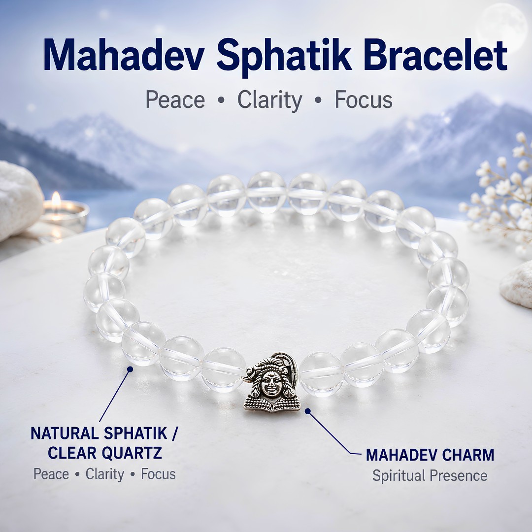 Mahadev Sphatik Bracelet – Natural Clear Quartz Crystal with Shiva Charm for Peace & Clarity — Crystals & Bracelets