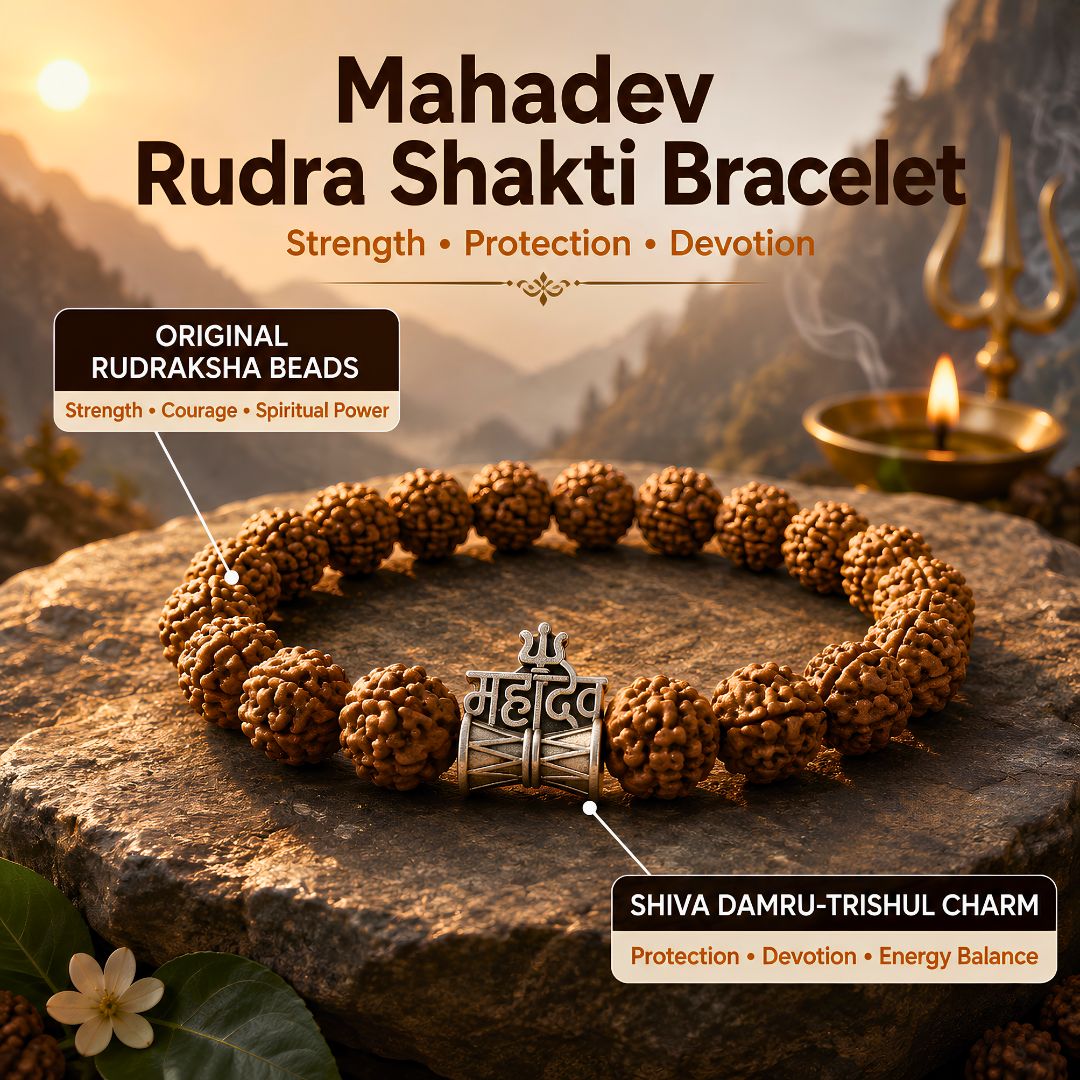 Mahadev Rudra Shakti Bracelet – Original Rudraksha with Damru-Trishul Charm — Crystals & Bracelets