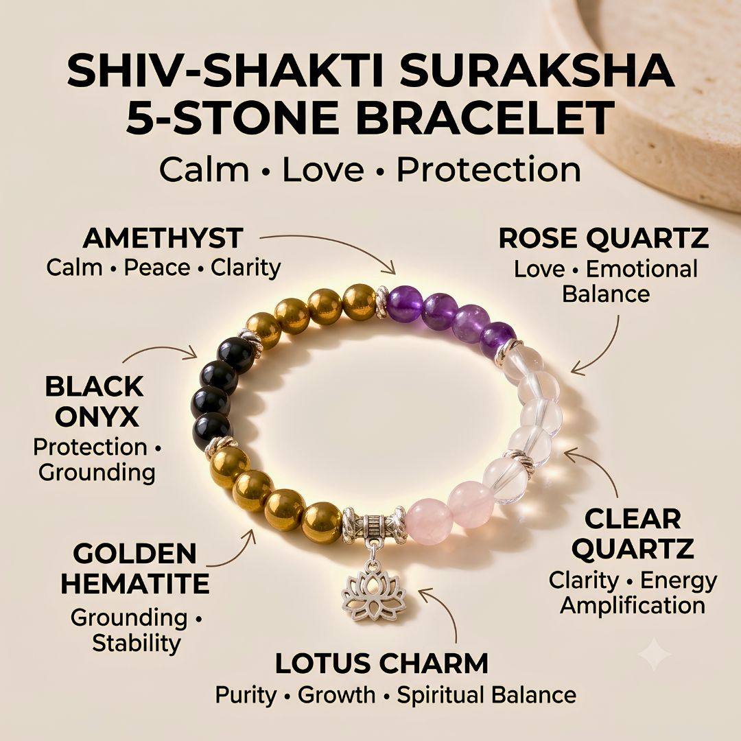 Shiv-Shakti Suraksha 5-Stone Bracelet – Amethyst, Rose Quartz, Black Onyx, Hematite & Clear Quartz — Crystals & Bracelets