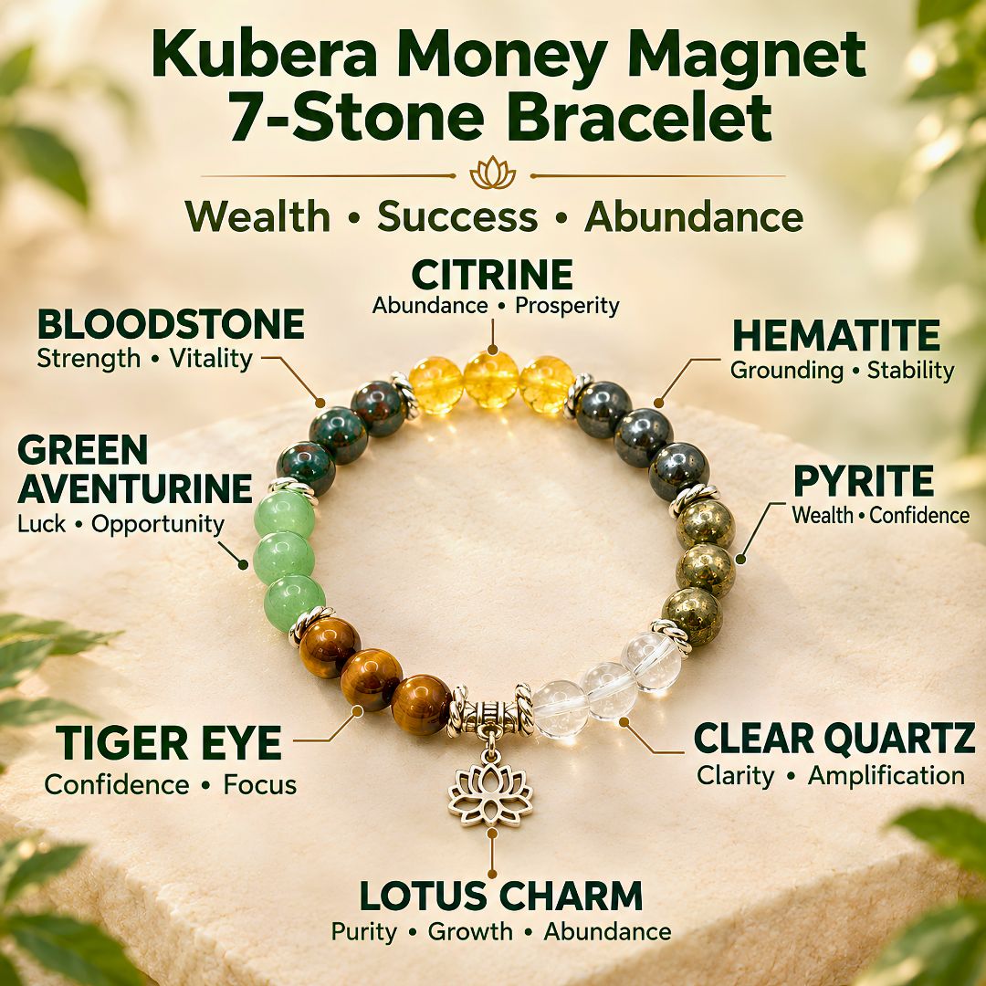 Kubera Money Magnet 7-Stone Bracelet – Citrine, Pyrite, Tiger Eye & Green Aventurine for Wealth & Success — Crystals & Bracelets