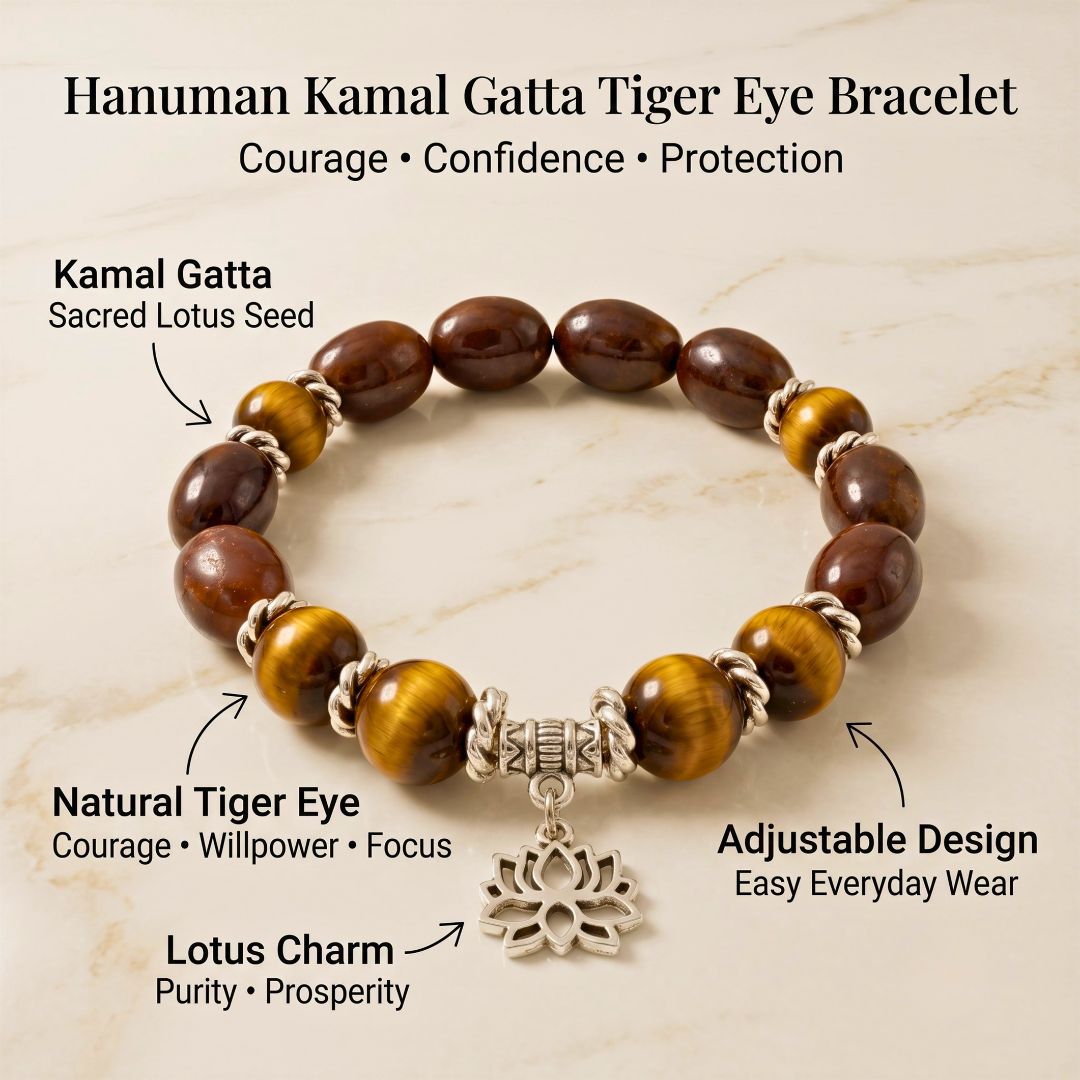 Hanuman Kamal Gatta Tiger Eye Bracelet – Lotus Seed for Courage & Confidence — Crystals & Bracelets