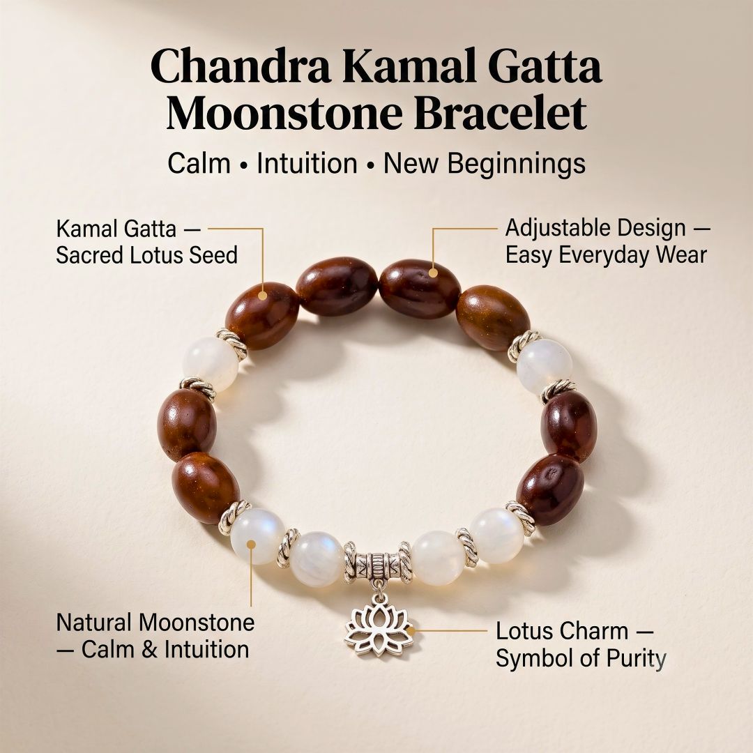 Chandra Kamal Gatta Moonstone Bracelet – Lotus Seed for Calm & New Beginnings — Crystals & Bracelets