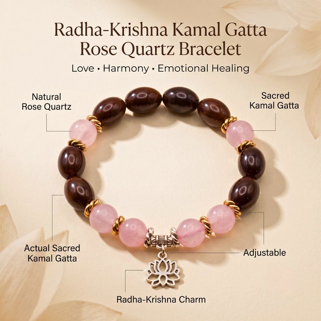 Radha-Krishna Kamal Gatta Rose Quartz Bracelet – Lotus Seed for Love & Harmony — Crystals & Bracelets