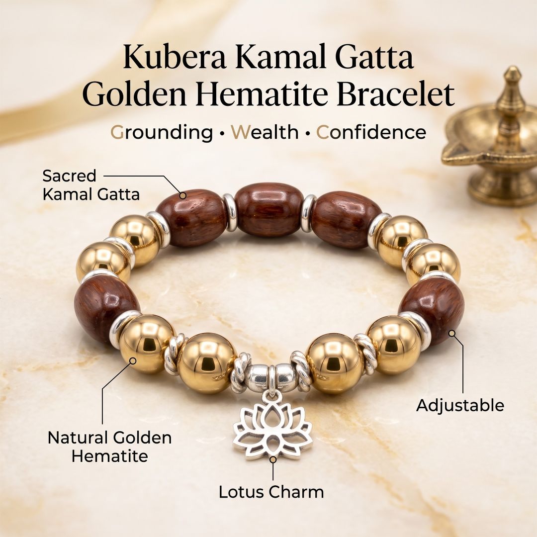 Kubera Kamal Gatta Golden Hematite Bracelet – Lotus Seed for Grounding & Wealth — Crystals & Bracelets