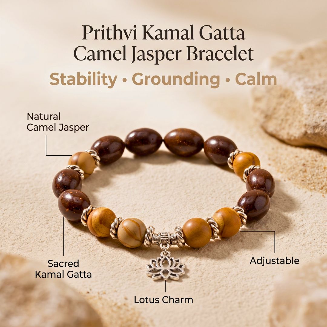 Prithvi Kamal Gatta Camel Jasper Bracelet – Lotus Seed for Stability & Grounding — Crystals & Bracelets